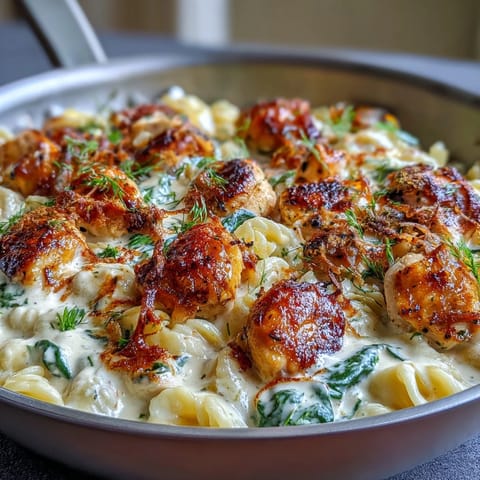 Creamy lemon orzo with chicken and spinach, garnished with fresh parsley and Parmesan, served in a rustic skillet.