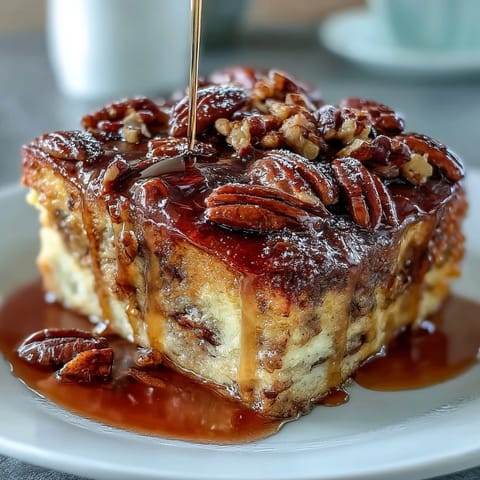 Fluffy pancake casserole baked golden brown, drizzled with maple syrup and topped with chopped nuts for a sweet breakfast treat.