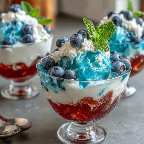 Festive red, white, and blue layered Jello cups in clear glasses, perfect for patriotic celebrations or summer parties.