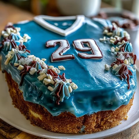 Graduation Sports Jersey Cake decorated with fondant in team colors and personalized number, perfect for celebrating a milestone with a sporty and festive dessert.