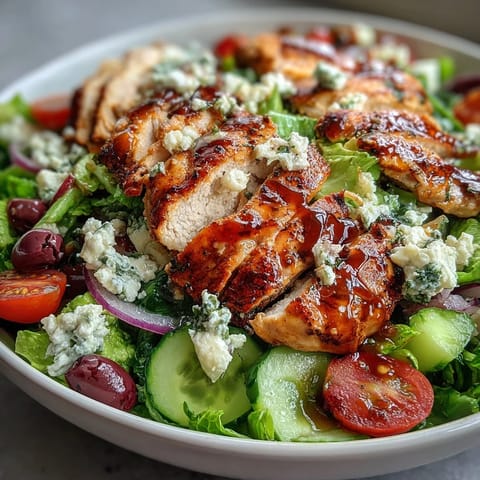 Colorful Mediterranean salad with grilled chicken, crisp cucumbers, tomatoes, and olives in a tangy dressing.  