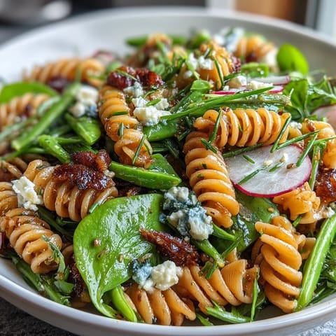 Fresh Spring Pasta Salad with Lemon Vinaigrette and Radishes, featuring tender pasta, bright greens, and tangy homemade dressing.  