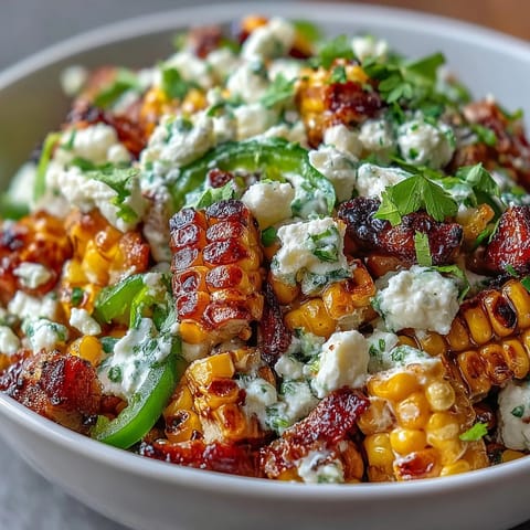 Colorful Mexican Street Corn Salad featuring fresh cilantro, red bell pepper, and tangy lime dressing for a refreshing side dish.  