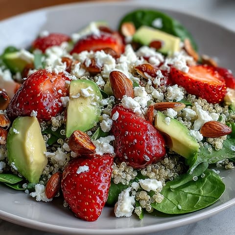 Vibrant strawberry avocado quinoa salad with juicy berries, creamy avocado, and citrus dressing, topped with toasted almonds.