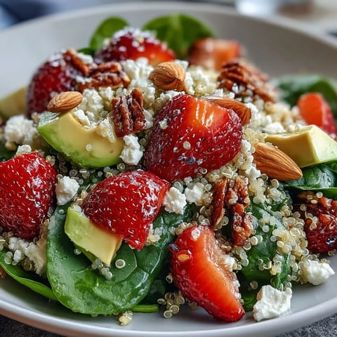 Refreshing quinoa salad featuring ripe strawberries, diced avocado, and fresh spinach, drizzled with zesty lemon-honey dressing.