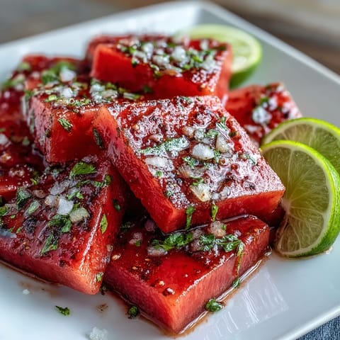 Juicy watermelon slices dusted with Tajin chili-lime seasoning and fresh lime wedges for a zesty, refreshing snack.  