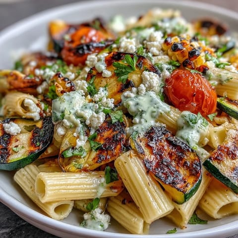 Vibrant pasta salad with grilled zucchini, corn, and crumbly Cotija cheese.