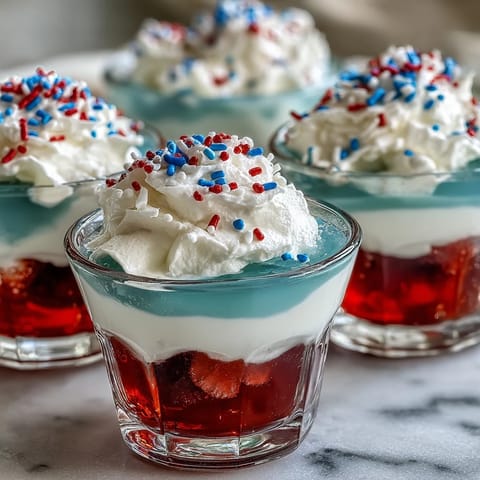 Delicious alcohol-free Firecracker Jello Shots, perfect served chilled with festive toppings.