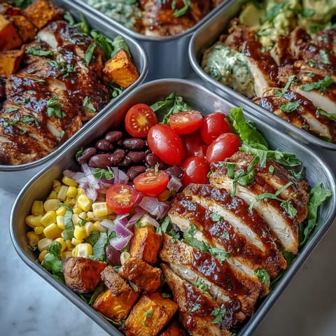 Healthy, colorful BBQ chicken meal prep bowls ready for your busy week.