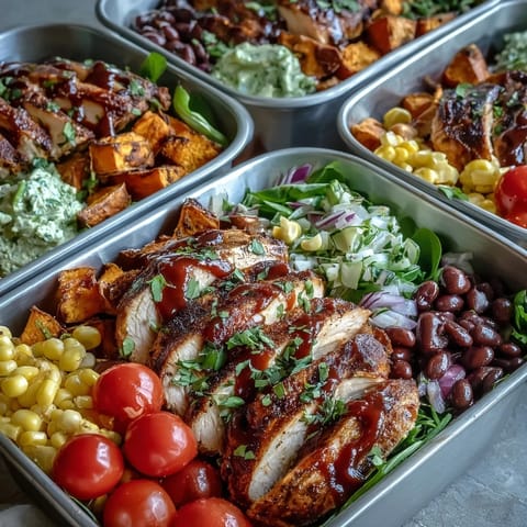 Delicious BBQ chicken meal prep bowls with sweet potatoes and vibrant veggies.