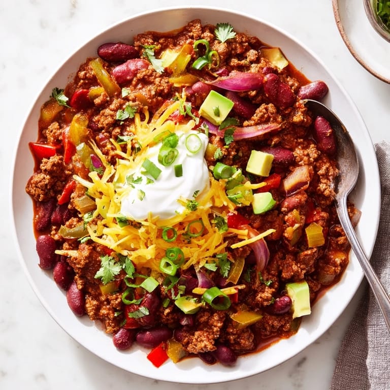 A spoon serves Chili con Carne from a Dutch oven, with cheese and avocado nearby.