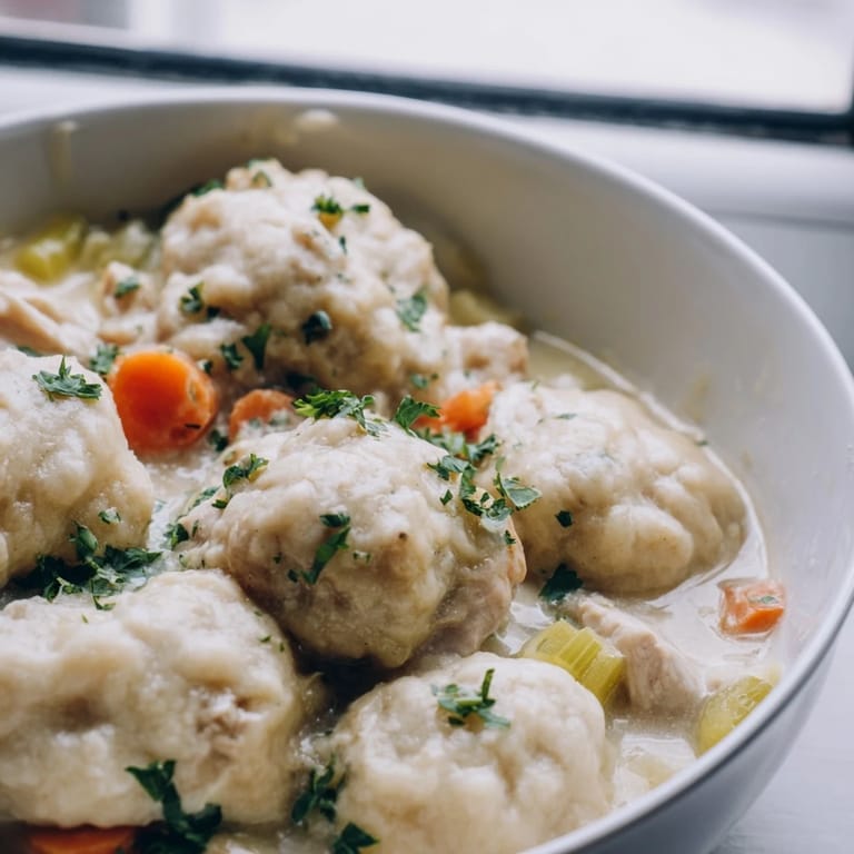 A rustic bowl of Chicken and Dumplings topped with fresh parsley, steam rising from the rich, velvety broth and fluffy dumplings.