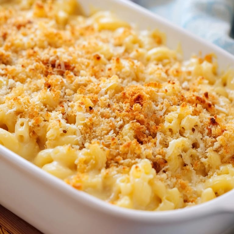 Freshly baked macaroni and cheese with a rich, bubbly cheese sauce, ready to serve.