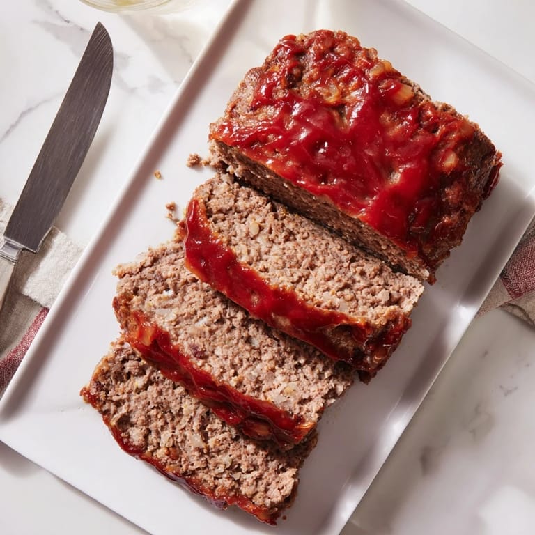Classic American meatloaf with tangy ketchup glaze, served as a comforting family dinner.
