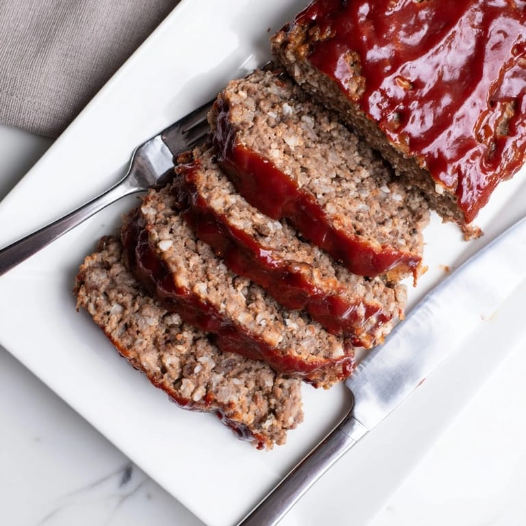 Freshly baked meatloaf with a caramelized glaze, resting on a wooden cutting board after cooking.