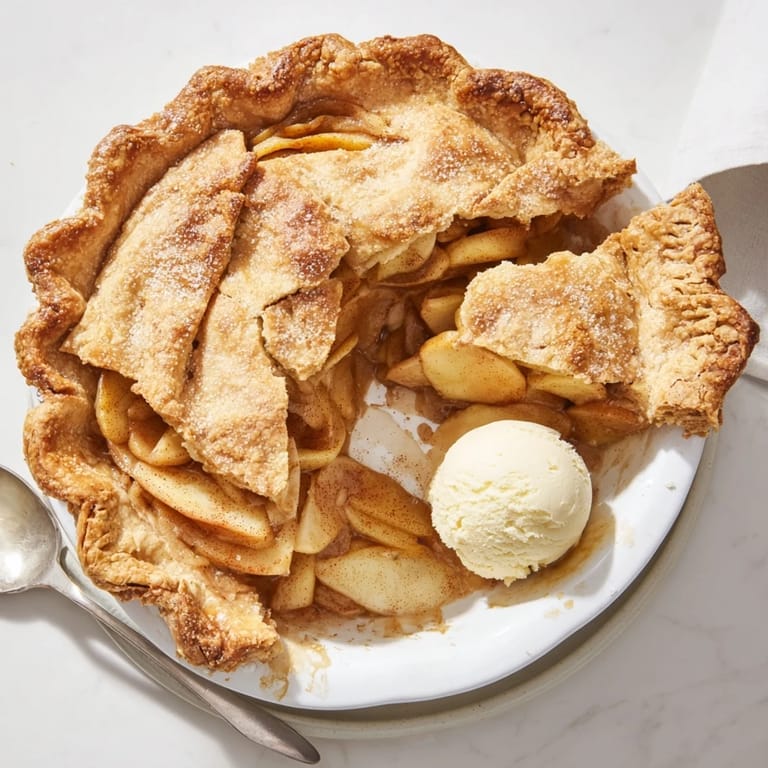 Apple Pie cools on a wire rack, its sugary filling bubbling through lattice vents, ready to be served with vanilla ice cream.