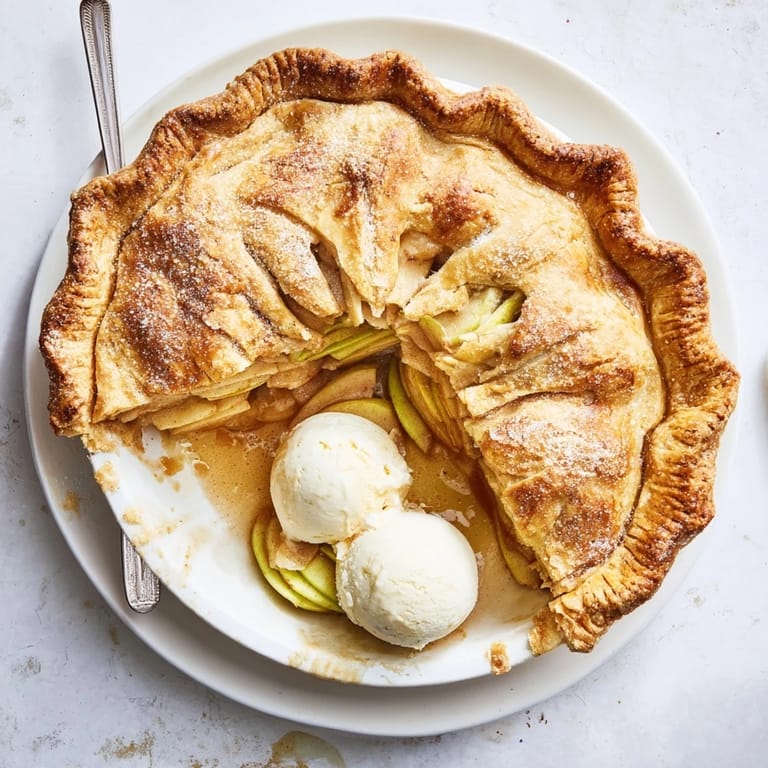 A generous slice of Apple Pie rests on a dessert plate, showcasing tender, spiced apples nestled inside a buttery double crust.