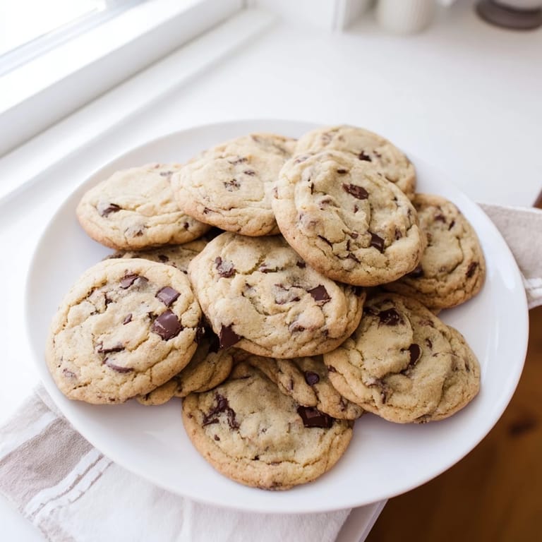 Freshly baked Chocolate Chip Cookies are stacked on a plate next to a cold glass of milk.