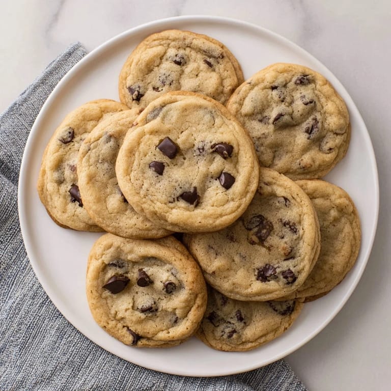 Warm Chocolate Chip Cookies are displayed on a baking sheet with visible soft centers and chewy edges.
