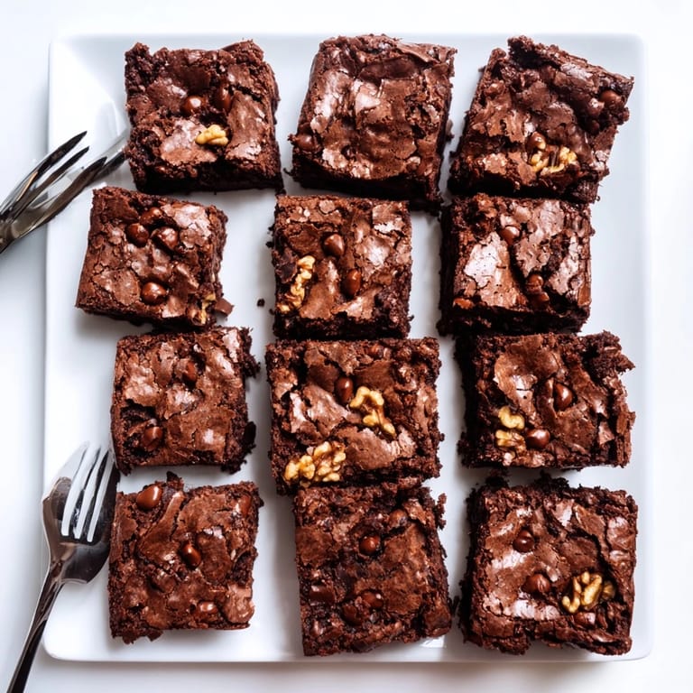 Dense chocolate brownies with a gooey center, served on a rustic wooden board with cocoa dusting.