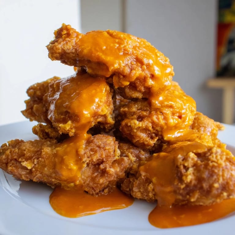 Freshly tossed Buffalo Wings glistening with buttery hot sauce, plated with cool celery and blue cheese.