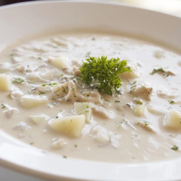 Steaming bowl of homemade Clam Chowder with tender clams and diced potatoes, beside oyster crackers.