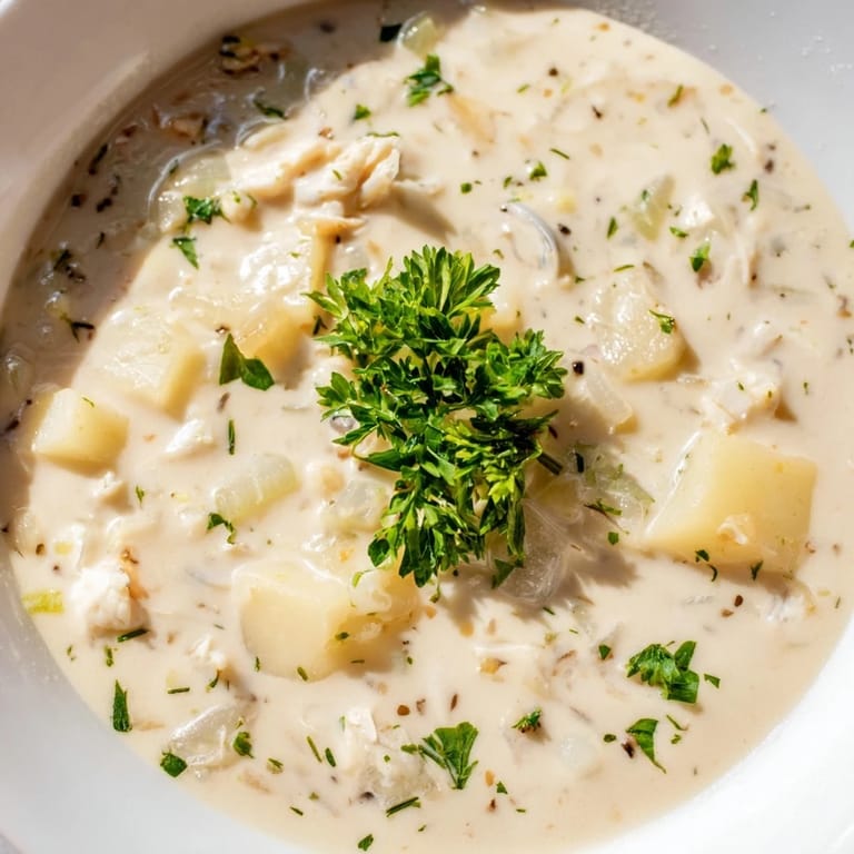 Rich Clam Chowder ladled from a pot, showing creamy broth, celery, onions, and fresh herbs.
