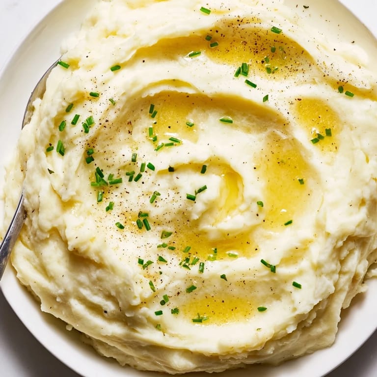 A serving spoon dips into buttery Mashed Potatoes, ready to accompany a roasted dinner.