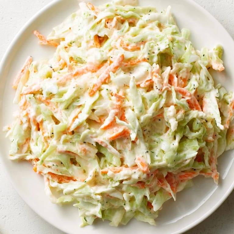 Brightly colored Coleslaw with red cabbage and carrots sits in a white bowl, garnished with fresh parsley on a wooden table.