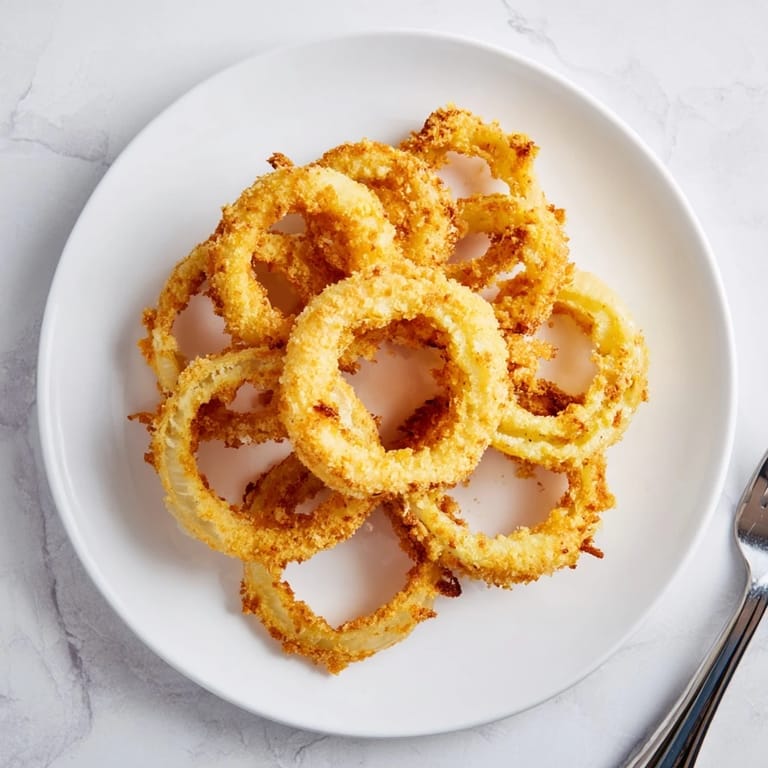 Crispy golden onion rings stacked on a plate with creamy ranch dip. 