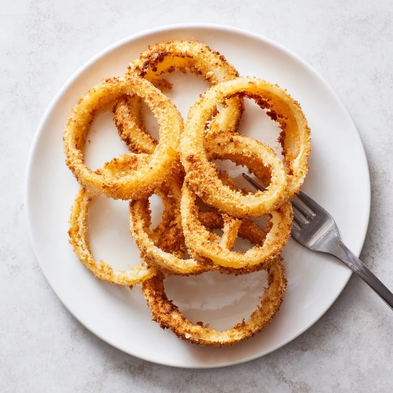 Freshly fried homemade onion rings with crunchy coating and sweet onion inside.