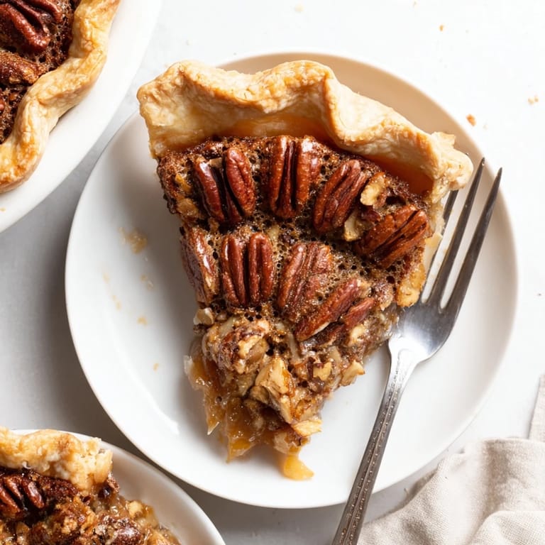Freshly baked Pecan Pie with a flaky crust and rich caramelized pecans, served warm.