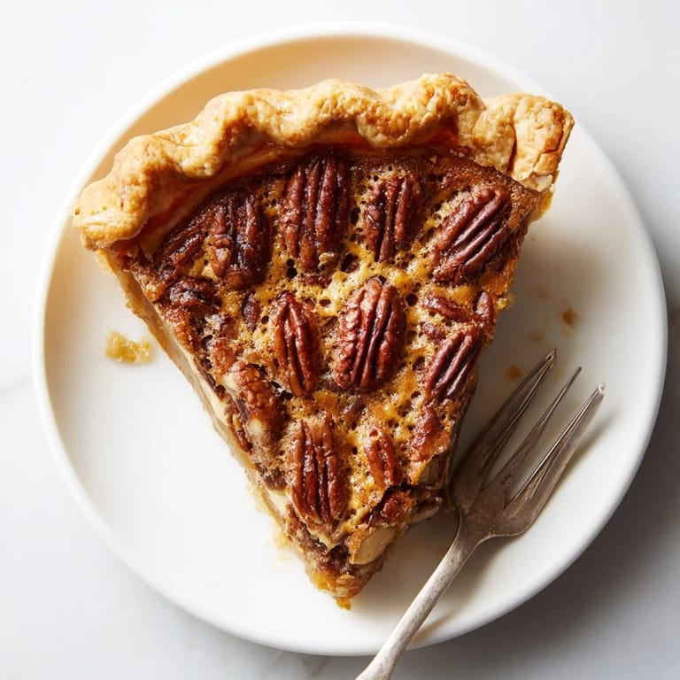 Whole Pecan Pie in a rustic tin, showcasing golden brown sugar glaze and whole pecans.