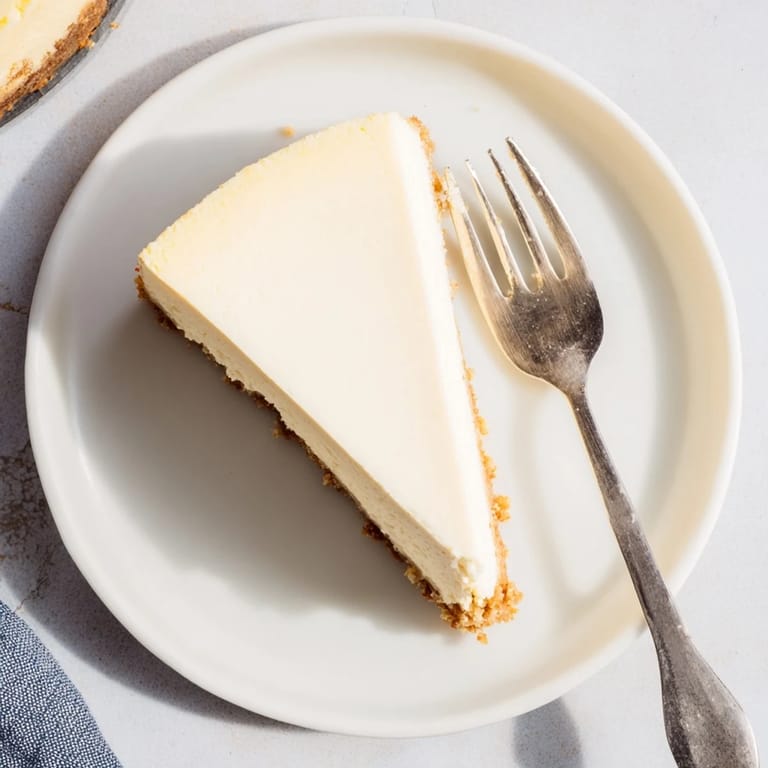 A chilled slice of New York Cheesecake on a dessert plate, topped with a fresh strawberry and sweet vanilla sauce, ready to eat.