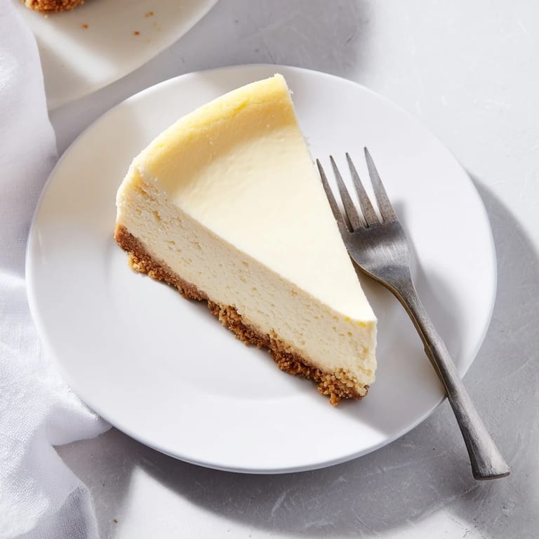Close-up view of a rich New York Cheesecake, highlighting the smooth texture and thick graham cracker base, perfect for a special occasion.