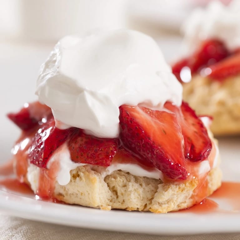 Warm Strawberry Shortcake is served on a rustic plate, showcasing juicy red strawberries and generous cream dollops.