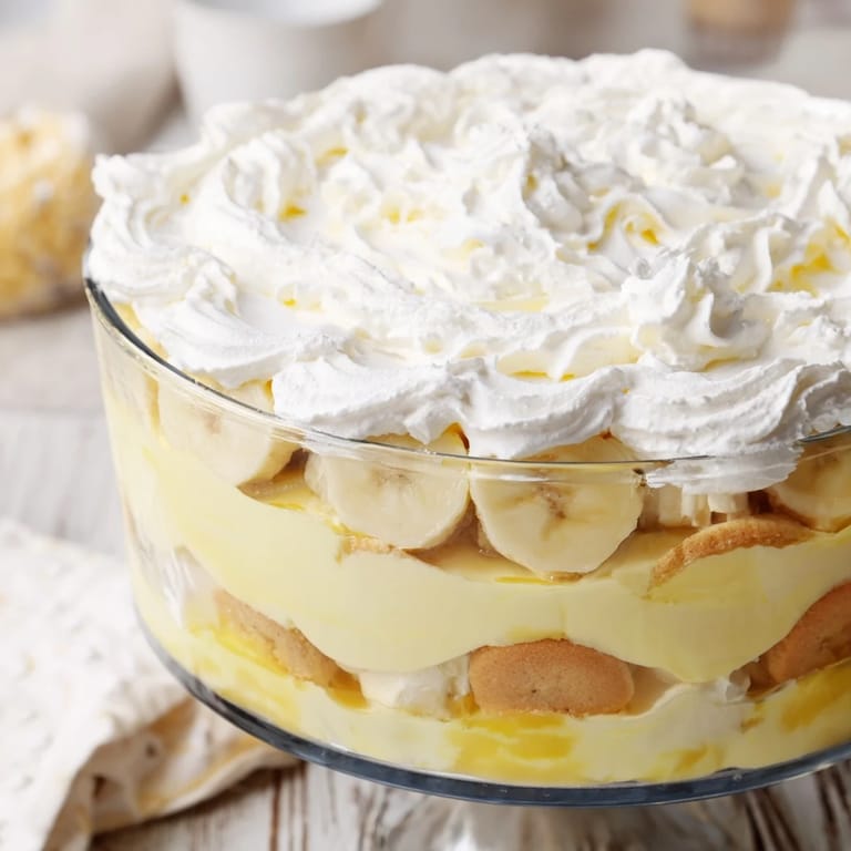 Chilled Southern banana pudding in a glass dish reveals layers of cookies, custard, and ripe bananas.