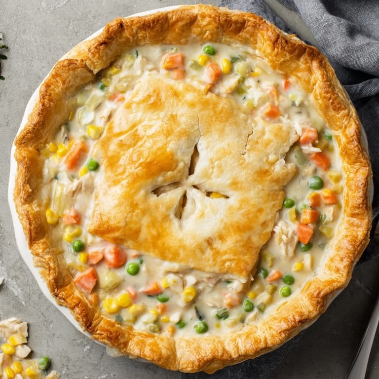 A slice of homemade Chicken Pot Pie on a white plate shows tender chicken, peas, and carrots in a rich gravy.