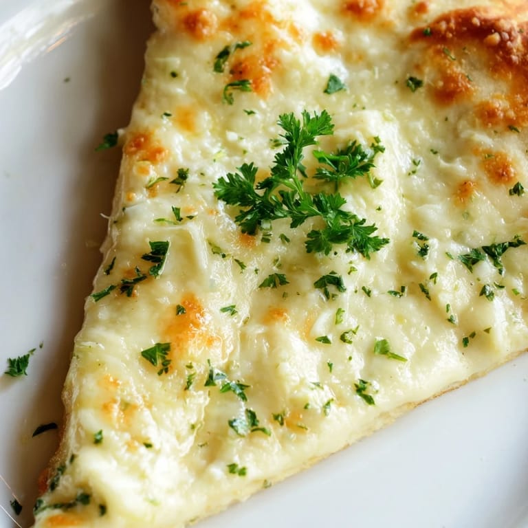 An overhead shot of a Creamy Garlic White Pizza with creamy sauce and melted cheese on a wooden board.