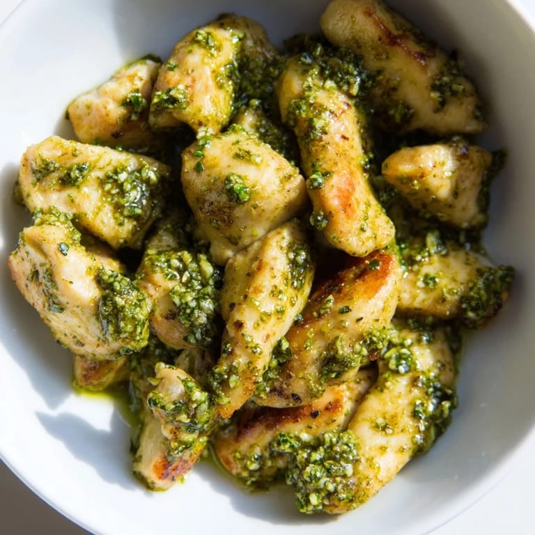 A close-up of the Chicken Pesto Rice Bowl shows tender basil-coated chicken nestled on fluffy rice, garnished with juicy tomatoes and pine nuts.  