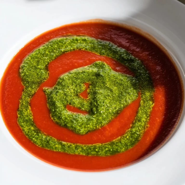 An overhead view of Tomato Soup with Basil Pesto Swirl, garnished with a drizzle of olive oil and pepper flakes.