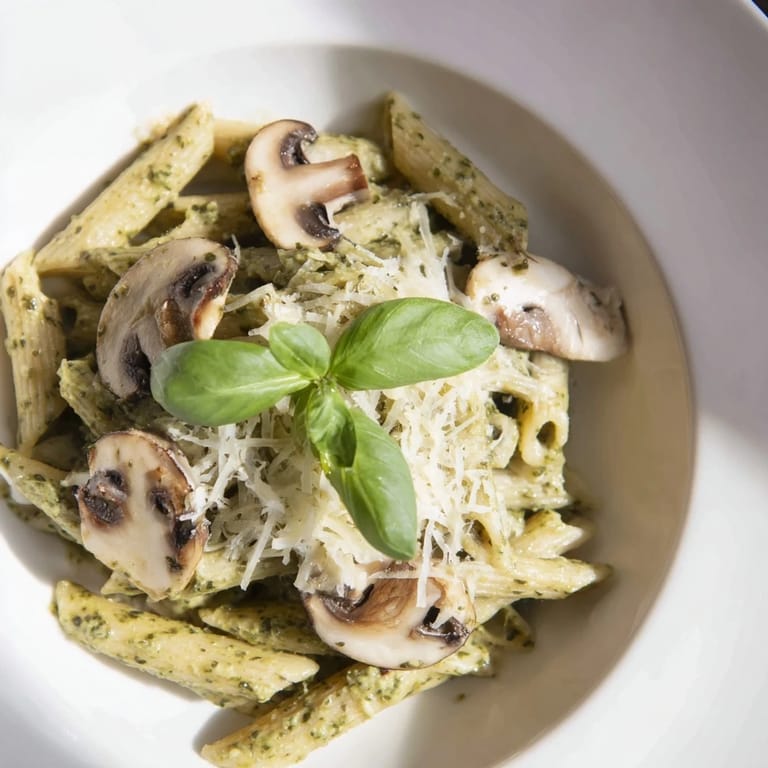 Steaming plate of savory Mushroom Pesto Pasta, highlighting sautéed cremini mushrooms and grated Parmesan, perfect for a quick, elegant weeknight meal.