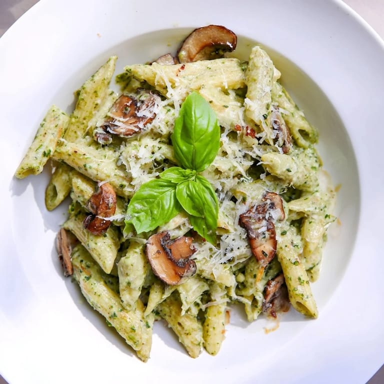 A comforting bowl of Mushroom Pesto Pasta, featuring al dente noodles coated in rich, velvety pesto cream for an easy vegetarian dinner.