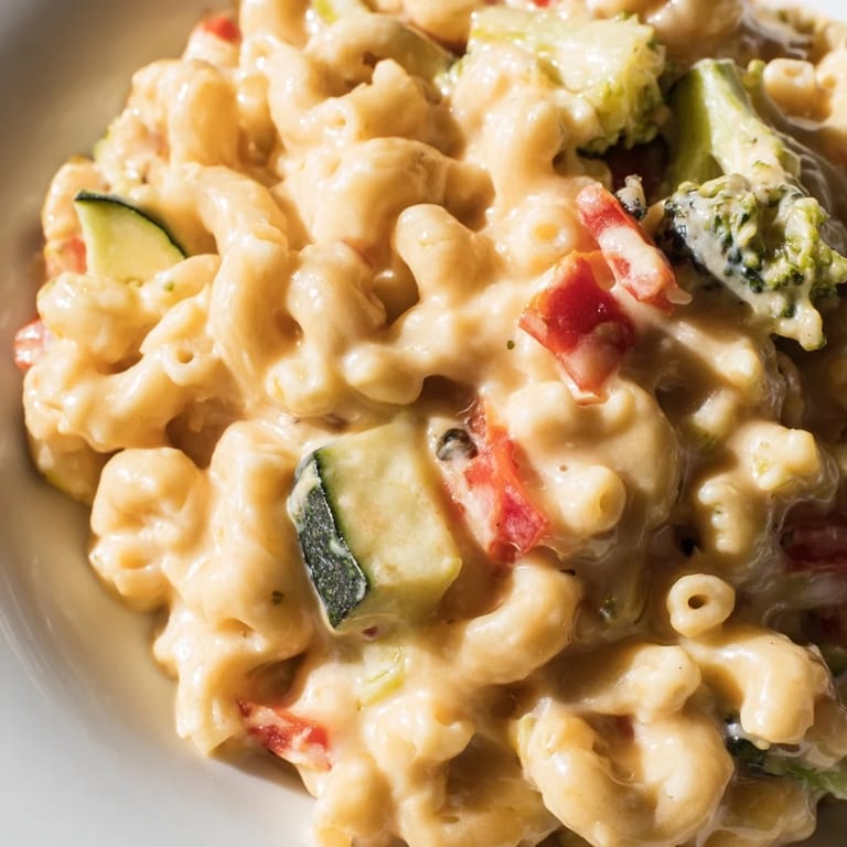 Crispy roasted edges on red bell pepper, zucchini, and broccoli add vibrant color and texture.  