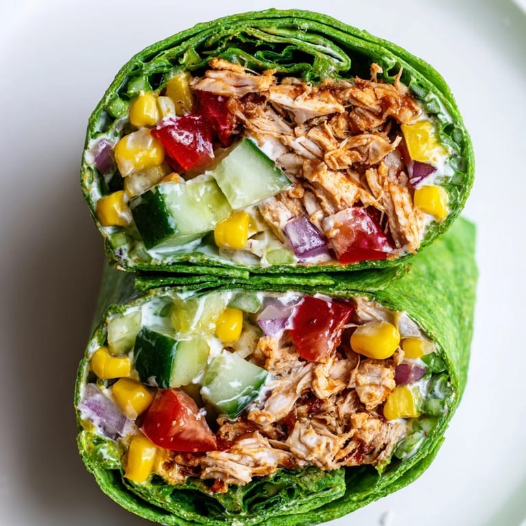 A close-up of a sliced BBQ chicken salad wrap, revealing vibrant vegetables and creamy dressing on a wooden board.  