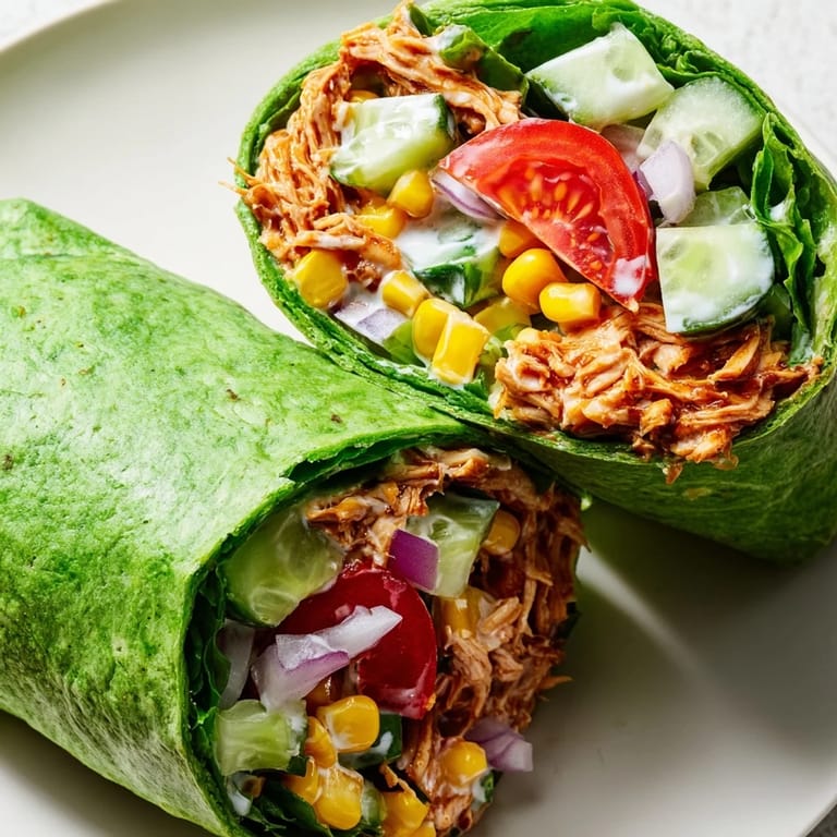 Hands holding a toasted BBQ chicken salad wrap filled with smoky chicken, crunchy cucumbers, and tangy red onion.