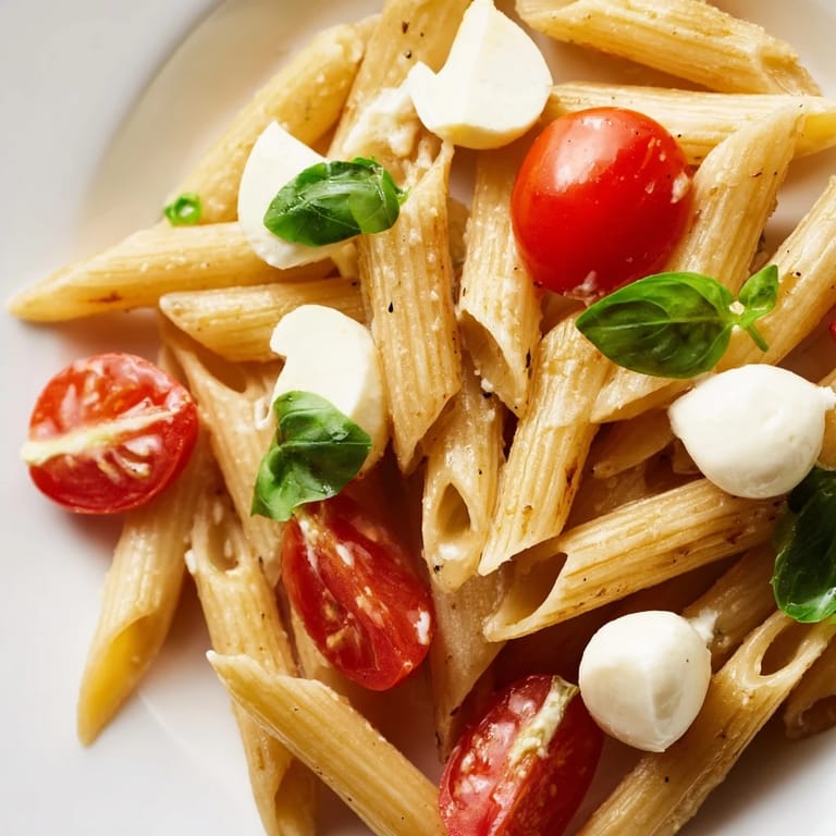 This Caprese Salad Pasta showcases al dente penne, colorful tomatoes, and torn basil leaves, glistening with a light olive oil drizzle.  