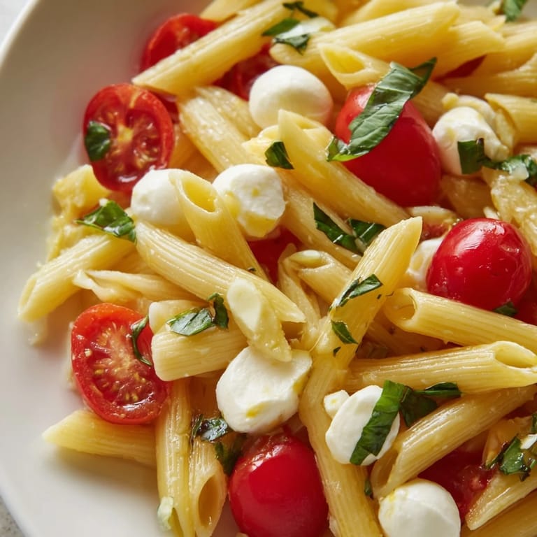 A refreshing serving of Caprese Salad Pasta, featuring tender pasta, sweet tomatoes, and mozzarella, perfect for a quick summer lunch.