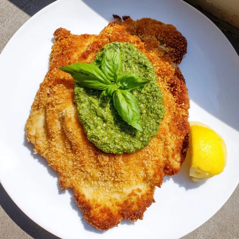 Juicy pan-fried Crispy Pesto Chicken Cutlets with golden Parmesan breadcrumbs, served with lemon wedges on a rustic plate.