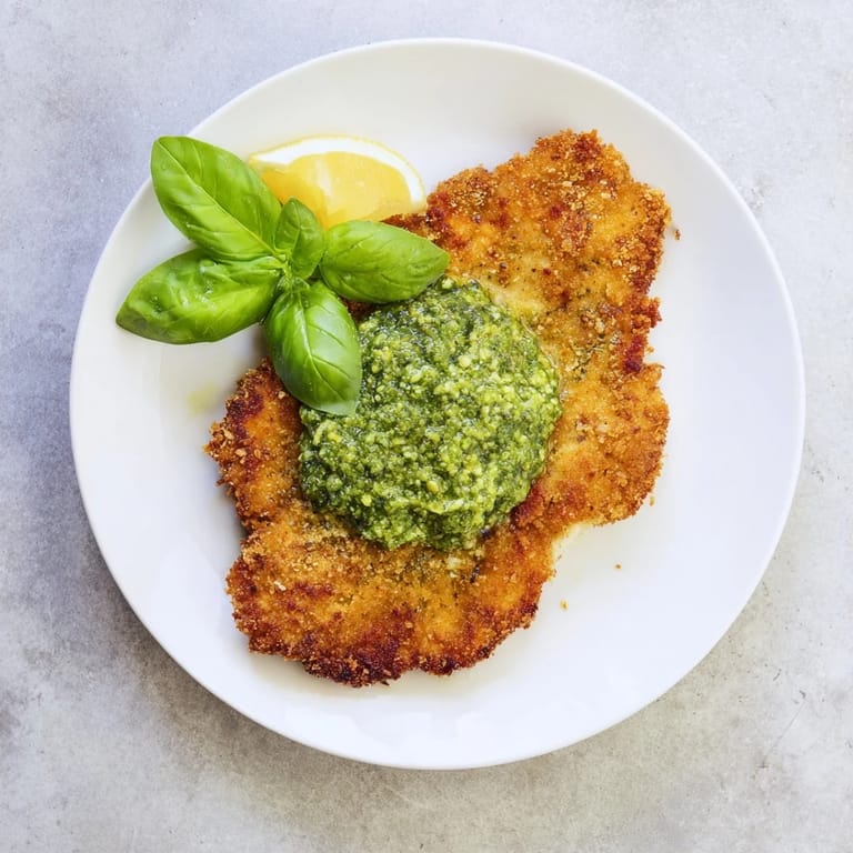 Delicious Crispy Pesto Chicken Cutlets drizzled with pesto, garnished with fresh basil, perfect for a quick weeknight dinner.